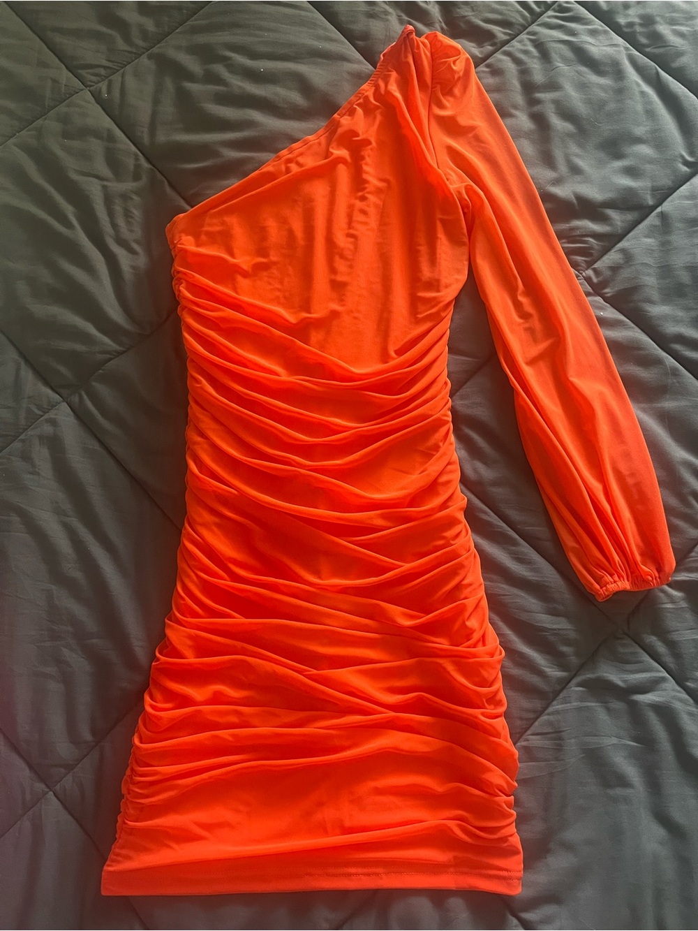One-Shoulder Ruched Mini Dress in Bright Orange